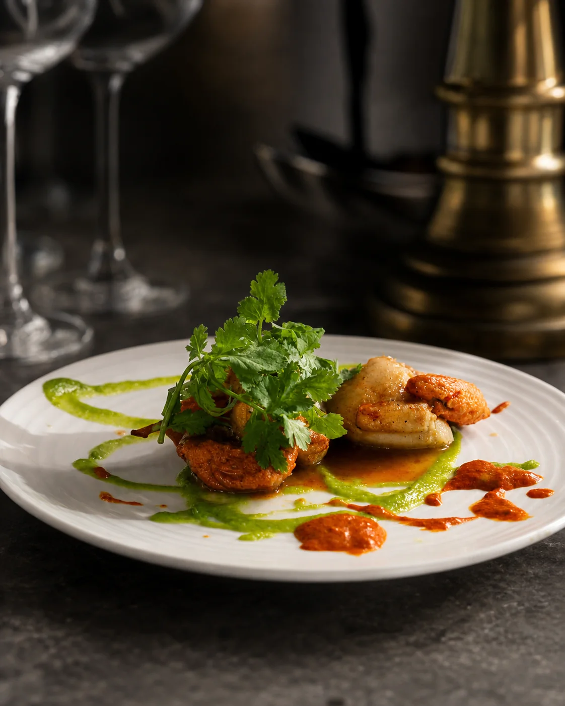 A plated first course with fresh herbs and green and red sauces