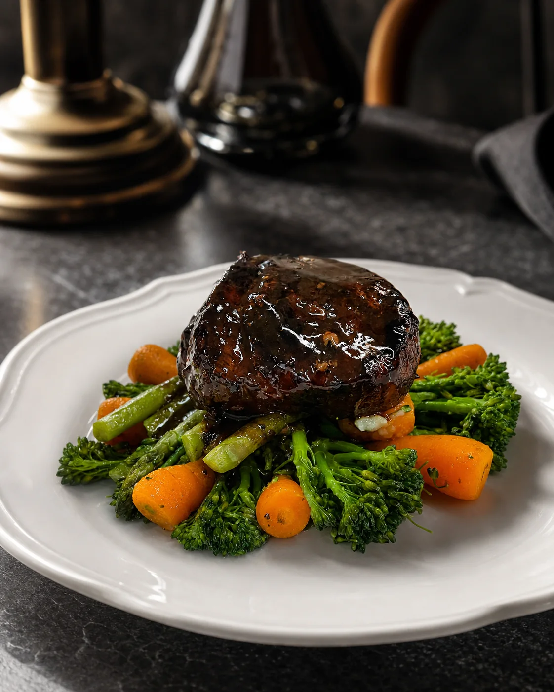 Glazed beef with garden vegetables and jus