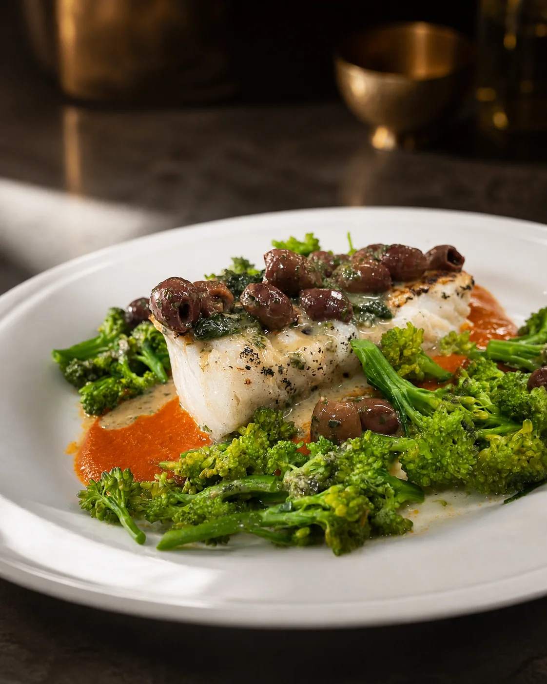White fish with olives, tomato sauce and bitter greens