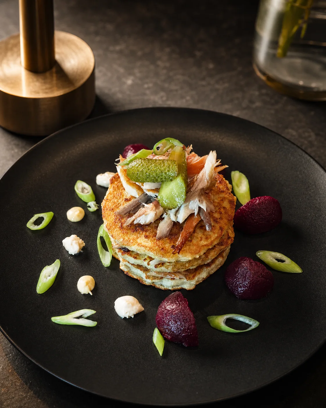 A layered savoury dish with fish, cucumber and beetroot on a dark plate