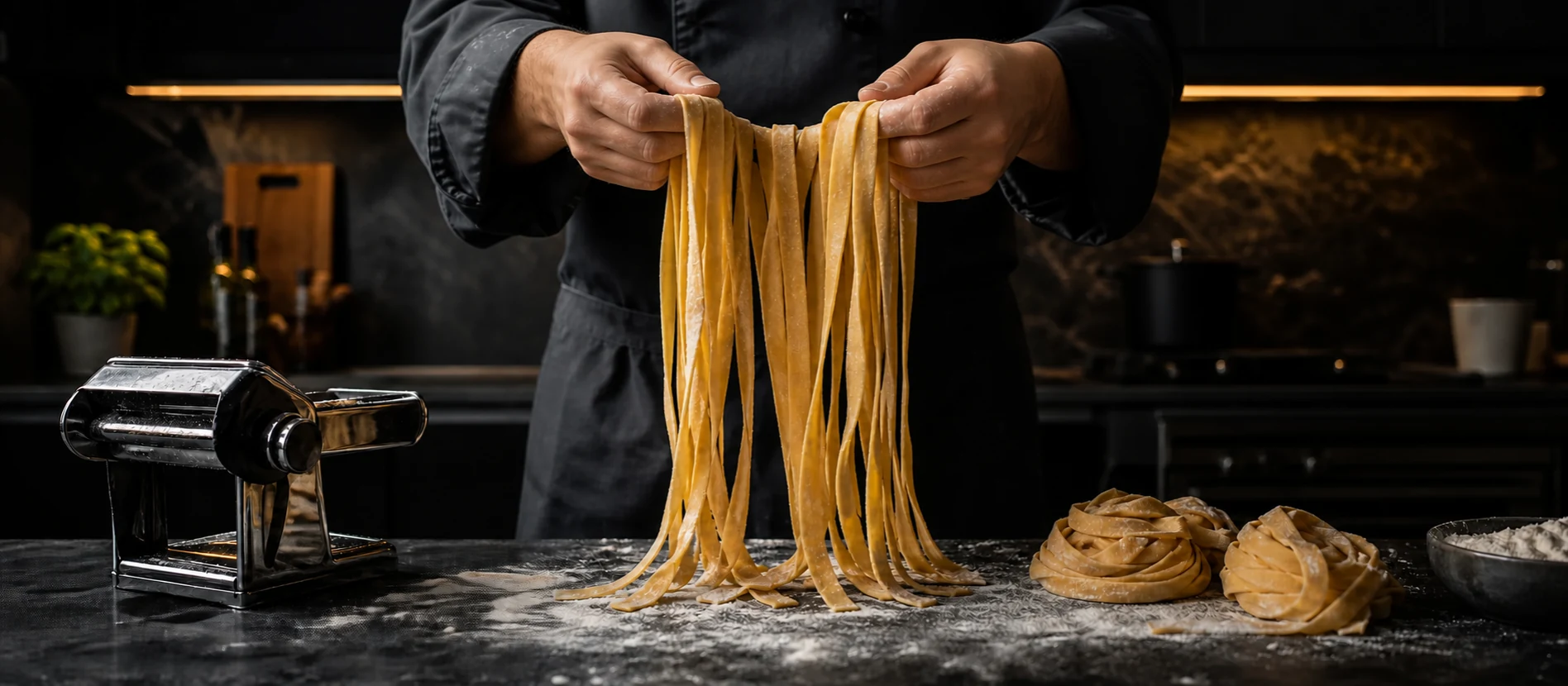 Fresh tagliatelle being shaped by hand in a dark kitchen