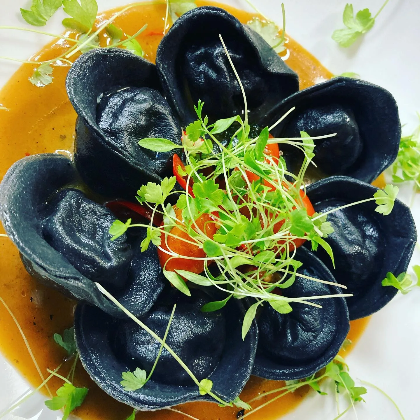 Handmade black ravioli with fresh herbs