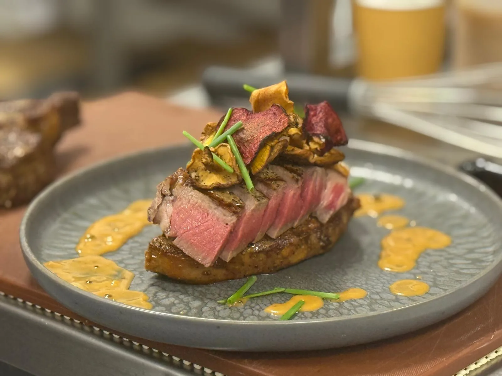 Modern British steak plate with mushrooms